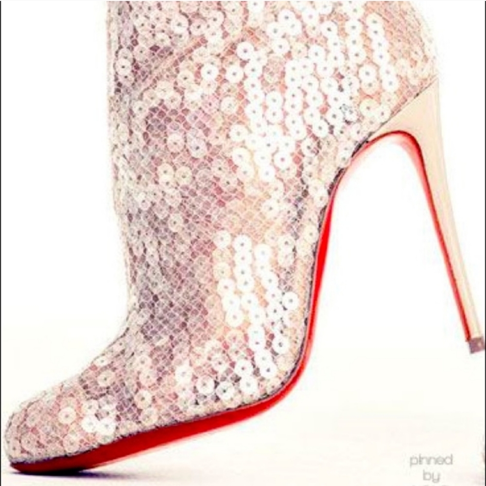 Christian Louboutin Tennissina 100 Nude Sequin Boots 38 - Picture 2 of 10